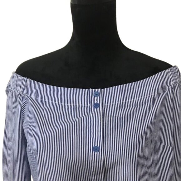 Sanctuary Blue and White Bell Sleeve Off-Shoulder Blouse - Picture 3 of 9